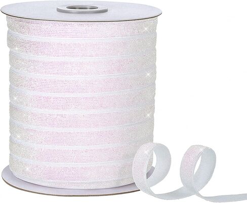 50 Yards White Metallic Glitter Ribbon Shiny Ribbon 3/8" Sparkle Ribbons Curling Silver Polyester Glitter Ribbons Bling Velvet Paillette Lace Trim for DIY Gift Warpping Wedding Party Decoration in Kuwait