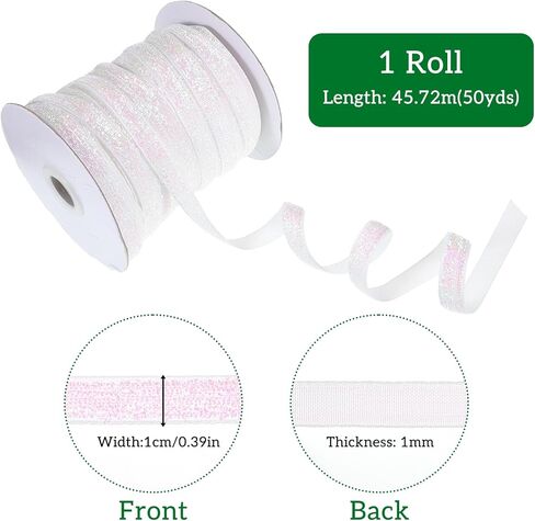 50 Yards White Metallic Glitter Ribbon Shiny Ribbon 3/8" Sparkle Ribbons Curling Silver Polyester Glitter Ribbons Bling Velvet Paillette Lace Trim for DIY Gift Warpping Wedding Party Decoration in Kuwait