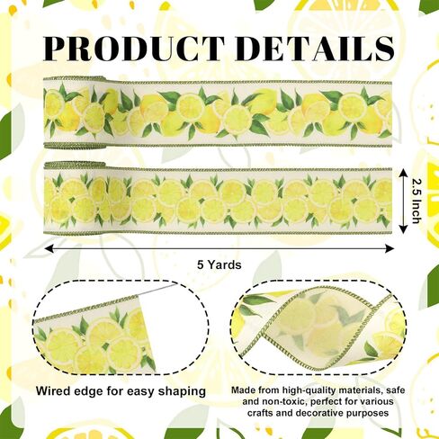 Lemon Wired Ribbon 2.5 Inch x 10 Yards Yellow Citrus Fruit Summer Craft Ribbon for Wreaths Bow Making Gift Wrapping in Saudi Arabia