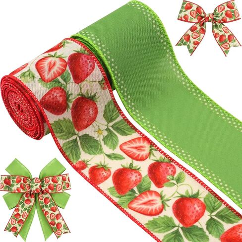 Strawberry Wired Ribbon 2.5 Inch, 2 Rolls Red Green Fruit Craft Ribbon for Summer Wreath Bow Gift Wrapping Baby Shower Decor, 10 Yards in Saudi Arabia
