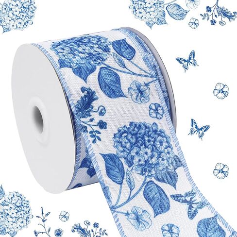 JarThenaAMCS Hydrangea Wired Edge Ribbon Blue Floral Craft Ribbons Flower Butterfly Fabric Ribbon for Wreath Bow DIY Wrapping Summer Spring Party Decor, 2.5 Inch 12 Yard in Kuwait