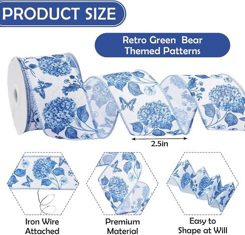 JarThenaAMCS Hydrangea Wired Edge Ribbon Blue Floral Craft Ribbons Flower Butterfly Fabric Ribbon for Wreath Bow DIY Wrapping Summer Spring Party Decor, 2.5 Inch 12 Yard in Kuwait