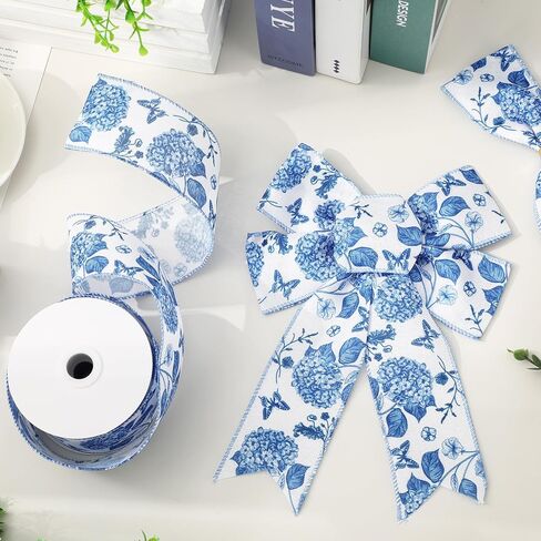 JarThenaAMCS Hydrangea Wired Edge Ribbon Blue Floral Craft Ribbons Flower Butterfly Fabric Ribbon for Wreath Bow DIY Wrapping Summer Spring Party Decor, 2.5 Inch 12 Yard in Kuwait