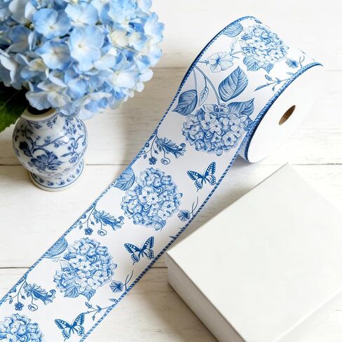 JarThenaAMCS Hydrangea Wired Edge Ribbon Blue Floral Craft Ribbons Flower Butterfly Fabric Ribbon for Wreath Bow DIY Wrapping Summer Spring Party Decor, 2.5 Inch 12 Yard in Kuwait