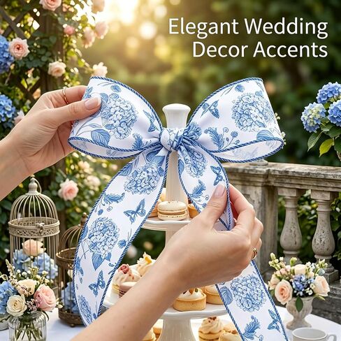 JarThenaAMCS Hydrangea Wired Edge Ribbon Blue Floral Craft Ribbons Flower Butterfly Fabric Ribbon for Wreath Bow DIY Wrapping Summer Spring Party Decor, 2.5 Inch 12 Yard in Kuwait