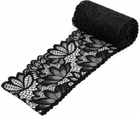 4 Inch Wide Black Lace Trim Ribbon, 5 Yards Vintage Lace Fabric Applique Ribbon, Floral Stretchy Embroidered Sewing Edge for Wedding Dress Bridal Decorations Sewing Crafts DIY and Gift Packaging in Saudi Arabia