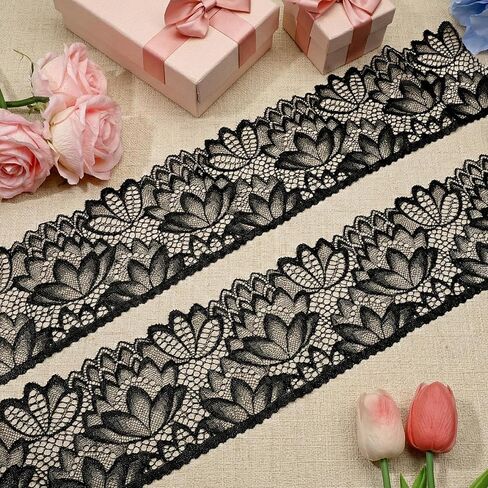 4 Inch Wide Black Lace Trim Ribbon, 5 Yards Vintage Lace Fabric Applique Ribbon, Floral Stretchy Embroidered Sewing Edge for Wedding Dress Bridal Decorations Sewing Crafts DIY and Gift Packaging in Saudi Arabia