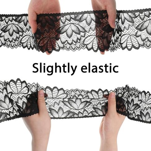 4 Inch Wide Black Lace Trim Ribbon, 5 Yards Vintage Lace Fabric Applique Ribbon, Floral Stretchy Embroidered Sewing Edge for Wedding Dress Bridal Decorations Sewing Crafts DIY and Gift Packaging in Saudi Arabia
