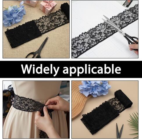 4 Inch Wide Black Lace Trim Ribbon, 5 Yards Vintage Lace Fabric Applique Ribbon, Floral Stretchy Embroidered Sewing Edge for Wedding Dress Bridal Decorations Sewing Crafts DIY and Gift Packaging in Saudi Arabia