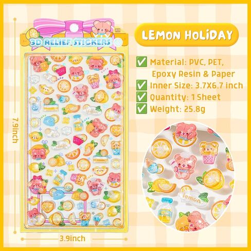 3D Cute Puffy Cartoon Lemon Summer Stickers, Kawaii Mini Decorative Stickers for Planner, Laptops, Phone Case, Journals, Scrapbook and DIY Crafts Holiday Decor in Saudi Arabia