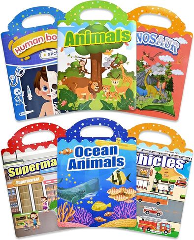 6-Pack Reusable Jelly Sticker Books for Toddlers, Silicone Sticker Activity Books with Vehicles, Animals, Dinosaurs & More, Travel Toys for Ages 3–5, Preschool Learning Gift in Saudi Arabia