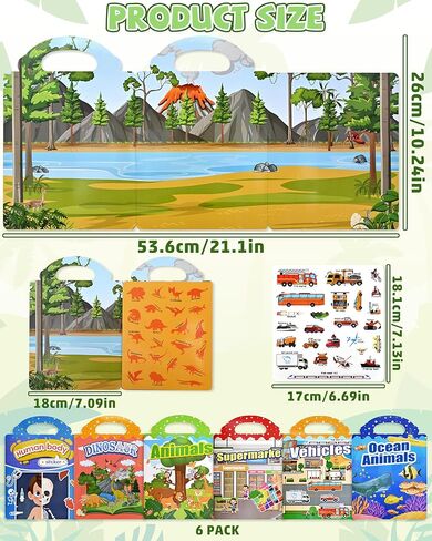 6-Pack Reusable Jelly Sticker Books for Toddlers, Silicone Sticker Activity Books with Vehicles, Animals, Dinosaurs & More, Travel Toys for Ages 3–5, Preschool Learning Gift in Saudi Arabia