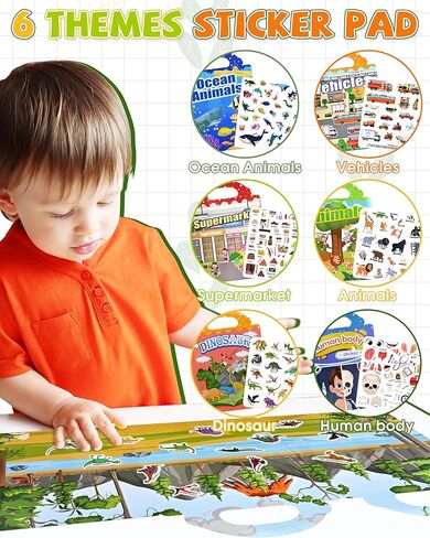 6-Pack Reusable Jelly Sticker Books for Toddlers, Silicone Sticker Activity Books with Vehicles, Animals, Dinosaurs & More, Travel Toys for Ages 3–5, Preschool Learning Gift in Saudi Arabia