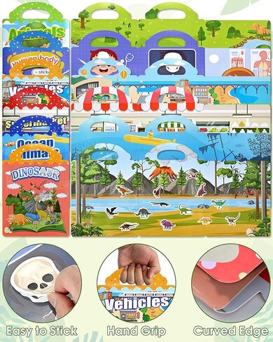 6-Pack Reusable Jelly Sticker Books for Toddlers, Silicone Sticker Activity Books with Vehicles, Animals, Dinosaurs & More, Travel Toys for Ages 3–5, Preschool Learning Gift in Saudi Arabia