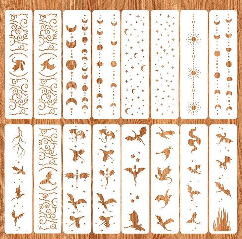16 Pcs Dragon Stencil - 11 × 3 Inch Reusable Star and Moon Stencil - Border Stencils for Wood Burning, Book Edge, Canvas, Wood, Furniture, Wall, Craft, Art Deco in Kuwait