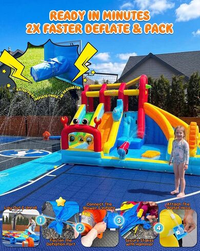 Whubefy 25.6ft Triple Ocean Splash Inflatable Water Slide Park, 16.3ft Detachable PVC Sprinkler Slide wth Bodyboards, Dump Bucket, Crab Ring Toss & Target Toss Station, Deep Pool for Kids Backyard Fun in Saudi Arabia