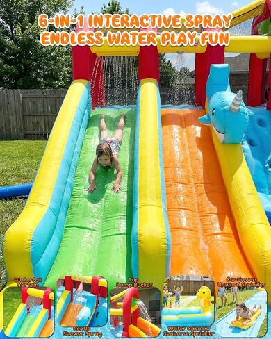 Whubefy 25.6ft Triple Ocean Splash Inflatable Water Slide Park, 16.3ft Detachable PVC Sprinkler Slide wth Bodyboards, Dump Bucket, Crab Ring Toss & Target Toss Station, Deep Pool for Kids Backyard Fun in Saudi Arabia