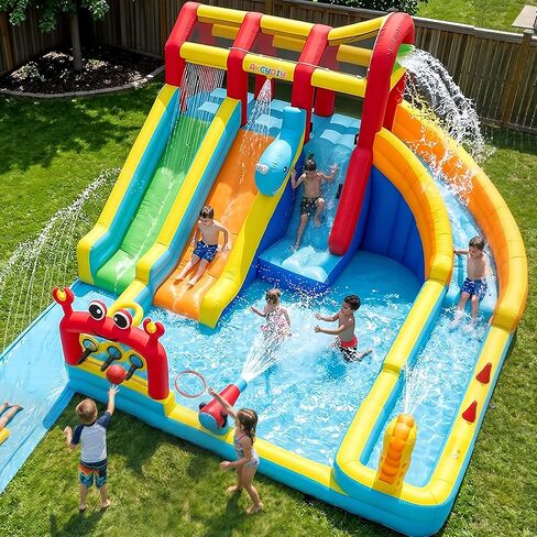 Whubefy 25.6ft Triple Ocean Splash Inflatable Water Slide Park, 16.3ft Detachable PVC Sprinkler Slide wth Bodyboards, Dump Bucket, Crab Ring Toss & Target Toss Station, Deep Pool for Kids Backyard Fun in Saudi Arabia