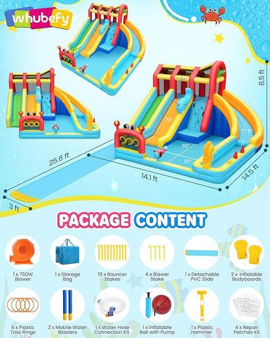 Whubefy 25.6ft Triple Ocean Splash Inflatable Water Slide Park, 16.3ft Detachable PVC Sprinkler Slide wth Bodyboards, Dump Bucket, Crab Ring Toss & Target Toss Station, Deep Pool for Kids Backyard Fun in Saudi Arabia