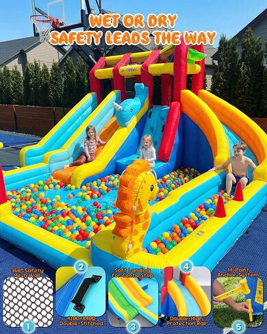 Whubefy 25.6ft Triple Ocean Splash Inflatable Water Slide Park, 16.3ft Detachable PVC Sprinkler Slide wth Bodyboards, Dump Bucket, Crab Ring Toss & Target Toss Station, Deep Pool for Kids Backyard Fun in Saudi Arabia