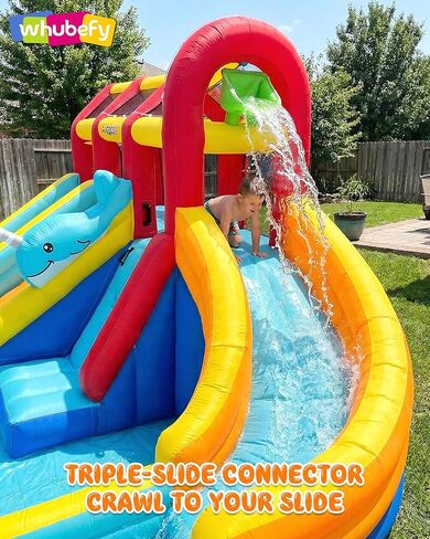 Whubefy 25.6ft Triple Ocean Splash Inflatable Water Slide Park, 16.3ft Detachable PVC Sprinkler Slide wth Bodyboards, Dump Bucket, Crab Ring Toss & Target Toss Station, Deep Pool for Kids Backyard Fun in Saudi Arabia
