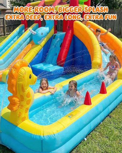 Whubefy 25.6ft Triple Ocean Splash Inflatable Water Slide Park, 16.3ft Detachable PVC Sprinkler Slide wth Bodyboards, Dump Bucket, Crab Ring Toss & Target Toss Station, Deep Pool for Kids Backyard Fun in Saudi Arabia