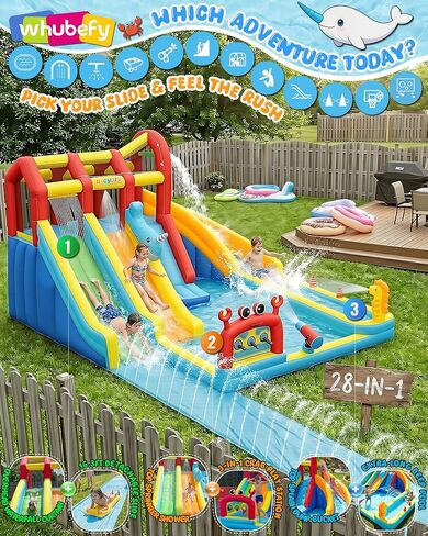 Whubefy 25.6ft Triple Ocean Splash Inflatable Water Slide Park, 16.3ft Detachable PVC Sprinkler Slide wth Bodyboards, Dump Bucket, Crab Ring Toss & Target Toss Station, Deep Pool for Kids Backyard Fun in Saudi Arabia