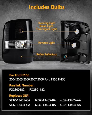 OKLPF Rear Brake Tail Lights Compatible With 2004 2005 2006 2007 2008 Ford F150 F-150 Replacement Black Taillights Assembly,Includes Bulbs,Driver and Passenger Side in Kuwait