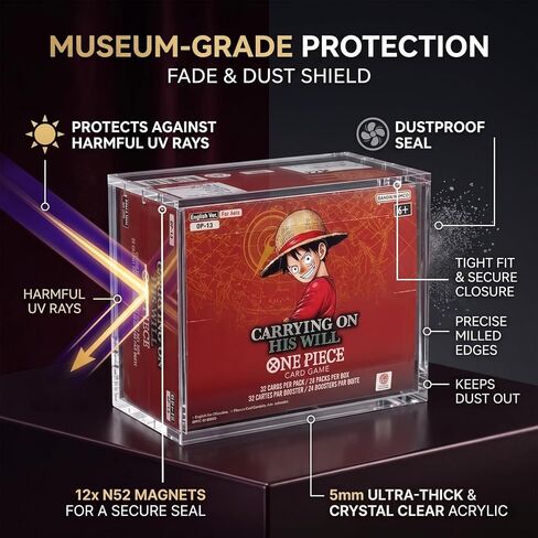 One Piece Booster Box Acrylic Display Case, 5mm Thick Clear TCG Protector with 12 Strong Magnets & UV Protection, Compatible with English One Piece OP-04 to OP-16 Booster Box in Kuwait