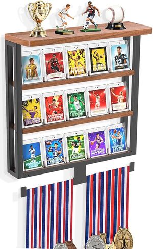 Wall Trading Card Display,3-Tier Graded Card Display with Medal Hanger,Wood Sports Card Display Case,Card Display Stand with Shelf for Cards Display and Collection in Saudi Arabia