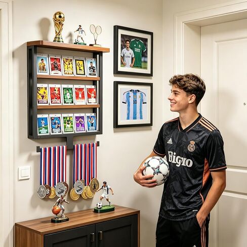 Wall Trading Card Display,3-Tier Graded Card Display with Medal Hanger,Wood Sports Card Display Case,Card Display Stand with Shelf for Cards Display and Collection in Saudi Arabia
