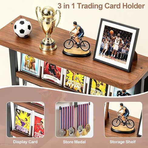 Wall Trading Card Display,3-Tier Graded Card Display with Medal Hanger,Wood Sports Card Display Case,Card Display Stand with Shelf for Cards Display and Collection in Saudi Arabia