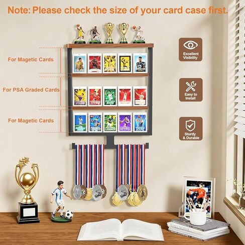 Wall Trading Card Display,3-Tier Graded Card Display with Medal Hanger,Wood Sports Card Display Case,Card Display Stand with Shelf for Cards Display and Collection in Saudi Arabia