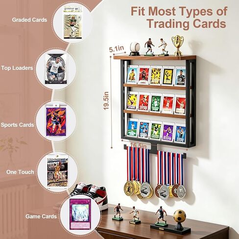 Wall Trading Card Display,3-Tier Graded Card Display with Medal Hanger,Wood Sports Card Display Case,Card Display Stand with Shelf for Cards Display and Collection in Saudi Arabia
