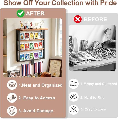 Wall Trading Card Display,3-Tier Graded Card Display with Medal Hanger,Wood Sports Card Display Case,Card Display Stand with Shelf for Cards Display and Collection in Saudi Arabia