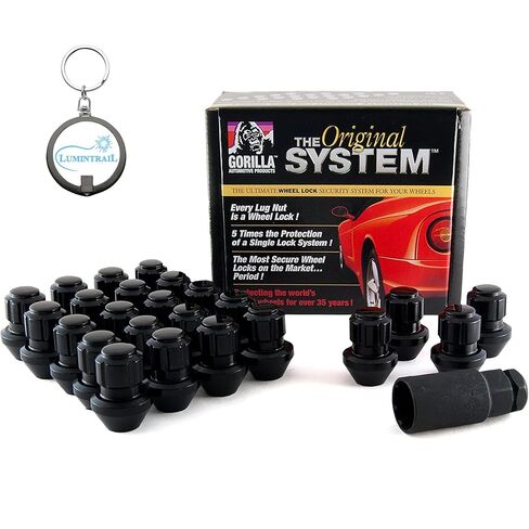Gorilla Automotive Locking Lug Nuts 96644BDX, Set of 24 Factory Style Bulge Gorilla Lug Nuts, 14mm x 1.50 Thread, Black Chrome, with a Lumintrail Keychain Light in Kuwait