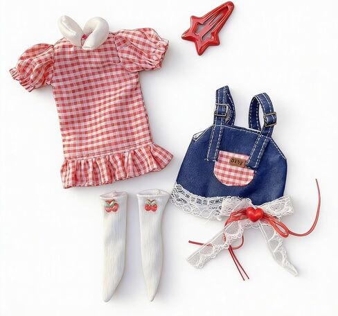 1/6 YoSD BJD Apparel Set for 30cm Collectible Figure, Americana Sweet Style with Gingham Top, Denim Dungaree & Cherry Socks, Doll Not Included in Saudi Arabia