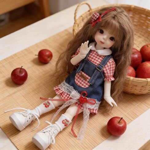 1/6 YoSD BJD Apparel Set for 30cm Collectible Figure, Americana Sweet Style with Gingham Top, Denim Dungaree & Cherry Socks, Doll Not Included in Saudi Arabia
