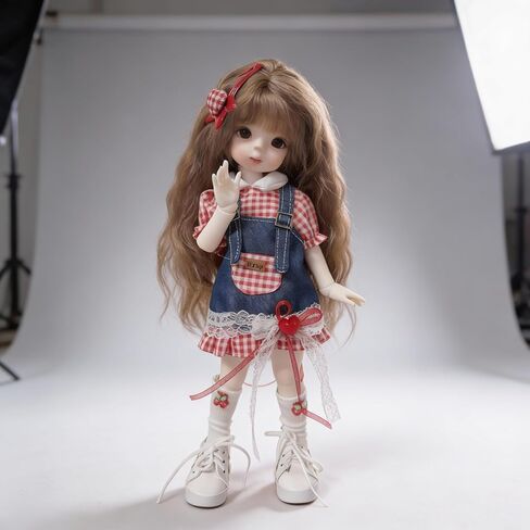 1/6 YoSD BJD Apparel Set for 30cm Collectible Figure, Americana Sweet Style with Gingham Top, Denim Dungaree & Cherry Socks, Doll Not Included in Saudi Arabia