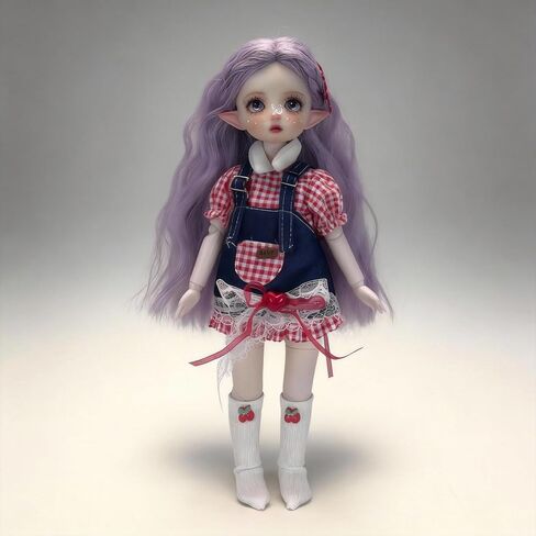 1/6 YoSD BJD Apparel Set for 30cm Collectible Figure, Americana Sweet Style with Gingham Top, Denim Dungaree & Cherry Socks, Doll Not Included in Saudi Arabia