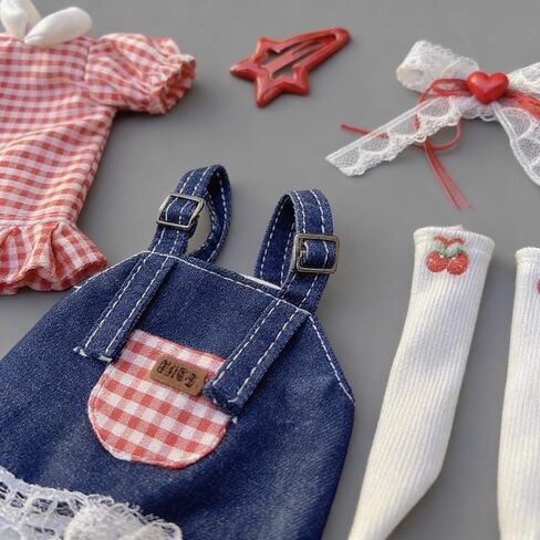 1/6 YoSD BJD Apparel Set for 30cm Collectible Figure, Americana Sweet Style with Gingham Top, Denim Dungaree & Cherry Socks, Doll Not Included in Saudi Arabia