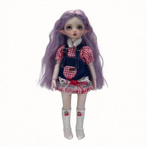 1/6 YoSD BJD Apparel Set for 30cm Collectible Figure, Americana Sweet Style with Gingham Top, Denim Dungaree & Cherry Socks, Doll Not Included in Saudi Arabia