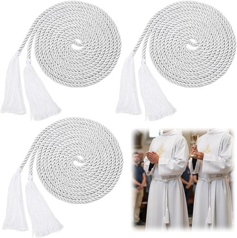 Eorbow 3 Pack Cincture Clergy Rope, 153 Inch Rope Belt for Priests, White Liturgical Cords with Tassel, Priest Accessories for Men Alba Robes Religious Rites Celebrating Masses Deacons Bishops in Kuwait