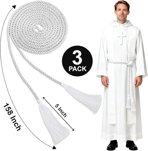 Eorbow 3 Pack Cincture Clergy Rope, 153 Inch Rope Belt for Priests, White Liturgical Cords with Tassel, Priest Accessories for Men Alba Robes Religious Rites Celebrating Masses Deacons Bishops in Kuwait