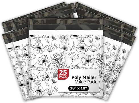 18x18 (25) Black and White Sketched Floral Summertime Designer Poly Mailers Waterproof Self Sealing Tear Resistant Polymailers Shipping Envelopes Premium Printed Bags For Small Businesses in Kuwait