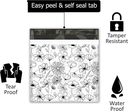 18x18 (25) Black and White Sketched Floral Summertime Designer Poly Mailers Waterproof Self Sealing Tear Resistant Polymailers Shipping Envelopes Premium Printed Bags For Small Businesses in Kuwait