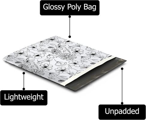 18x18 (25) Black and White Sketched Floral Summertime Designer Poly Mailers Waterproof Self Sealing Tear Resistant Polymailers Shipping Envelopes Premium Printed Bags For Small Businesses in Kuwait