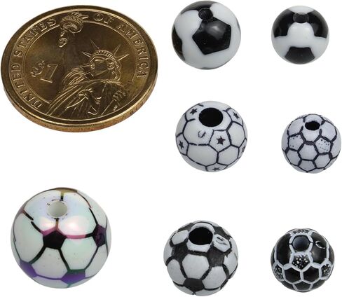 52 Pcs Acrylic Soccer Loose Beads: Featuring 4 Pcs 15mm, 24 Pcs 12mm, and 24 Pcs 10mm in Various Soccer Styles. an Ideal Choice for DIY Jewelry and Creative Crafts in Kuwait