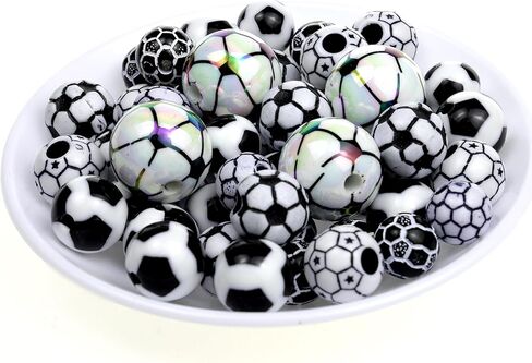 52 Pcs Acrylic Soccer Loose Beads: Featuring 4 Pcs 15mm, 24 Pcs 12mm, and 24 Pcs 10mm in Various Soccer Styles. an Ideal Choice for DIY Jewelry and Creative Crafts in Kuwait