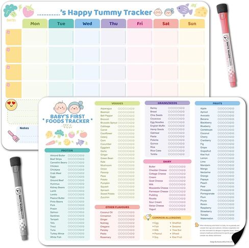 مغناطيس ثلاجة UNCLE WU Baby First Foods Tracker 2 Pack - 101 طعام قبل قائمة مرجعية واحدة ومخطط وجبات أسبوعية، مخطط أغذية الأطفال للثلاجة مع قلمين (10 × 14 بوصة) in Kuwait